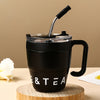 stainless steel coffee mug-portable camping coffee mug with handle and straw - Black