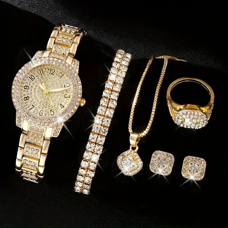 Luxury Rhinestone Quartz Watch Hiphop Fashion Analog Wrist Watch & 5pcs Jewelry Set, Gift For Women HerProduct Detail temu