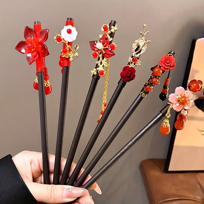 2pcs Vintage Wooden Hair Sticks Chinese Romantic Red Flower Hairpins Chinese Red Festival Hair Forks Nice Chic Christmas Holiday GiftsProduct Detail temu