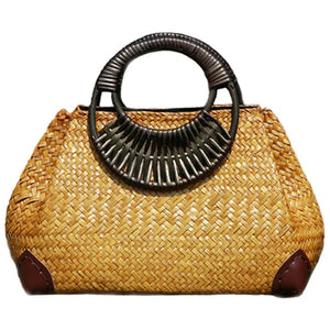 Women Straw Bags Female Bamboo Summer Beach Weave Handbag Lady Handmade Vintage Wood Handle Bag Travel Knitted Totes Bags Rudysgalaxy