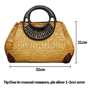 Women Straw Bags Female Bamboo Summer Beach Weave Handbag Lady Handmade Vintage Wood Handle Bag Travel Knitted Totes Bags Rudysgalaxy
