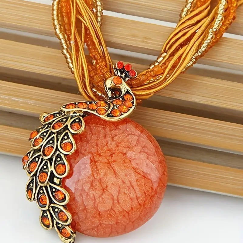 Bohemian Retro Leaf Peacock Gemstone Pendant Necklace for Women and Girls - Ethnic Style Jewelry for a Unique and Stylish LookProduct Detail temu