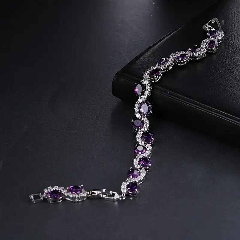 Copper Bracelet-Amethyst Hand Chain Purple Copper Zircon Silver Plated Chain