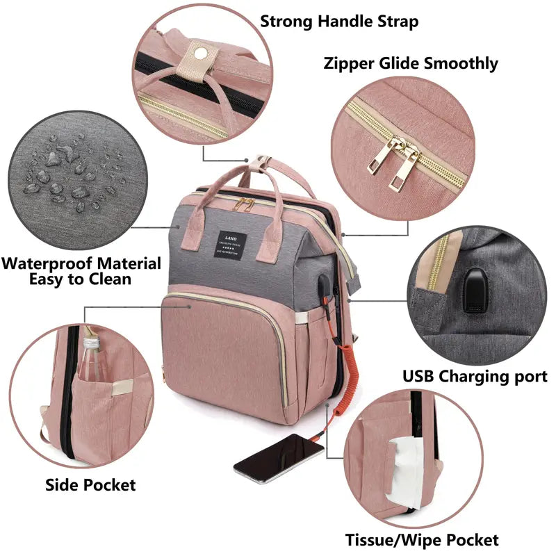 Diaper Backpack with USB Charging Port, Multifunctional Travel Bag