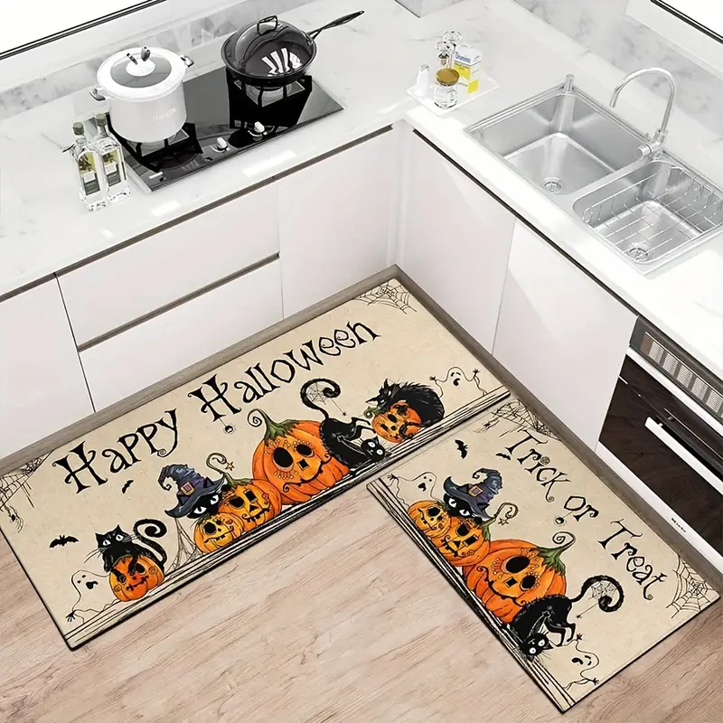 washable kitchen mats- Pumpkin & Black Cat Design Halloween kitchen 2pcs mat sets