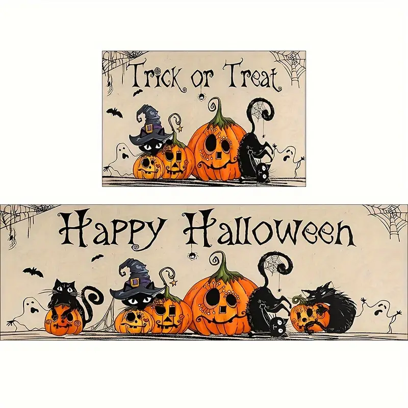 washable kitchen mats- Pumpkin & Black Cat Design Halloween kitchen 2pcs mat sets