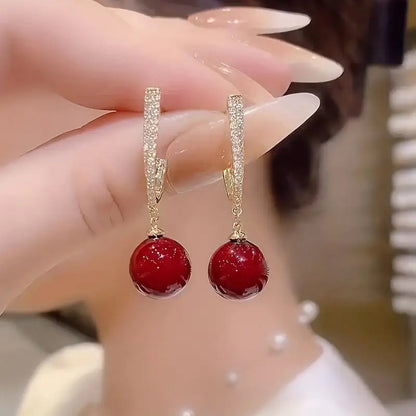 Red Faux Pearl Dangle Earrings,red wedding Earrings, Bridesmaid jewelry Retro Elegant Style Delicate Female Gift Banquet Party Ear Ornaments RudysGalaxy