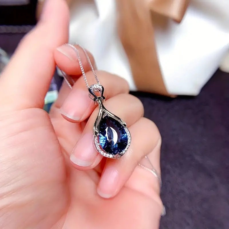 Exquisite Silver Plated Teardrop Cut Sea Blue Faux Sapphire Necklace For Women Bridal Engagement Wedding Necklace Jewelry RudysGalaxy