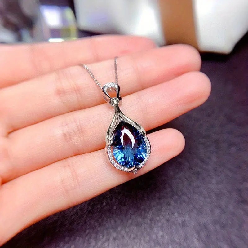 Exquisite Silver Plated Teardrop Cut Sea Blue Faux Sapphire Necklace For Women Bridal Engagement Wedding Necklace Jewelry RudysGalaxy