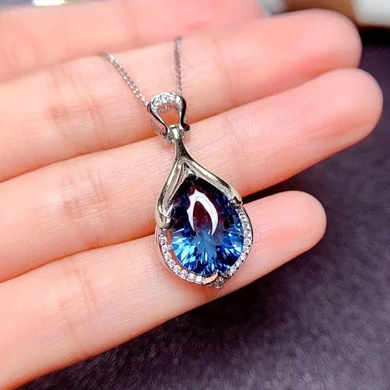 Exquisite Silver Plated Teardrop Cut Sea Blue Faux Sapphire Necklace For Women Bridal Engagement Wedding Necklace Jewelry RudysGalaxy