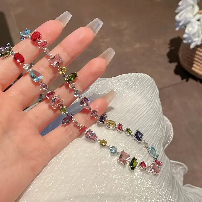 Candy Colorful Crystal Zircon colorful gemstone Necklace bling choker Y2K Style Rainbow Clavicle Chain Jewelry Gifts For Eid RudysGalaxy