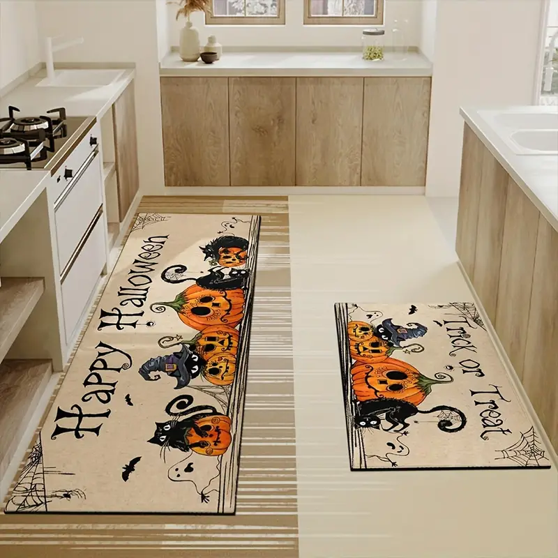 washable kitchen mats- Pumpkin & Black Cat Design Halloween kitchen 2pcs mat sets