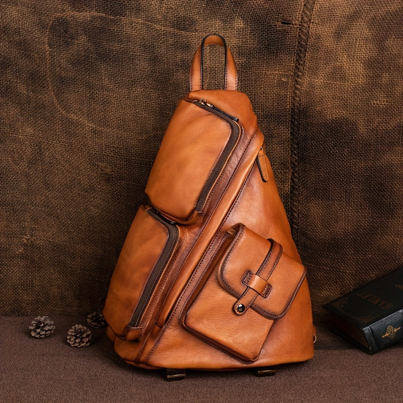 Men's Sling Shoulder Bag-Genuine Leather Mens Shoulder Commuter Backpack