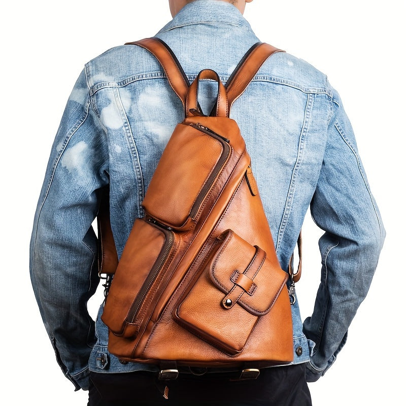 Men's Sling Shoulder Bag-Genuine Leather Mens Shoulder Commuter Backpack