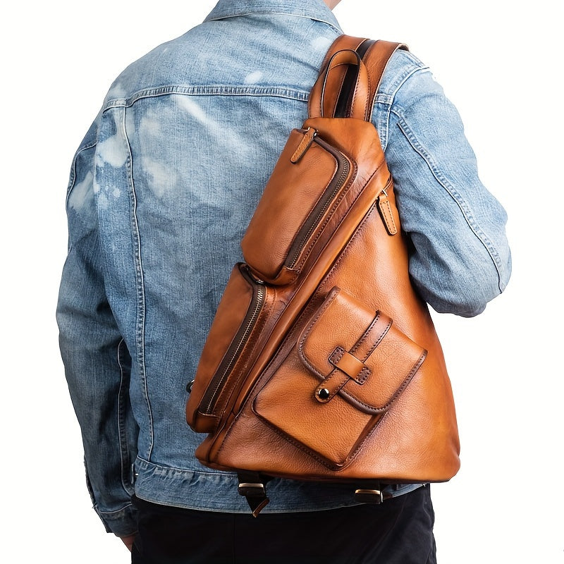 Men's Sling Shoulder Bag-Genuine Leather Mens Shoulder Commuter Backpack